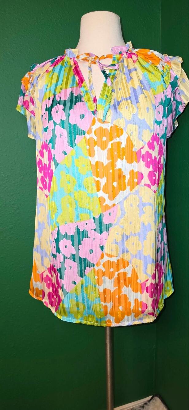SHEIN Retro Patchwork Floral Pleated Chiffon Blouse Medium M